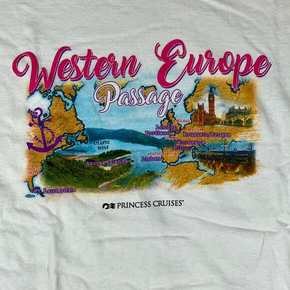 VTG Princess Cruises Western Europe Passage Map Graphic T Shirt White XL Travel - Picture 1 of 7